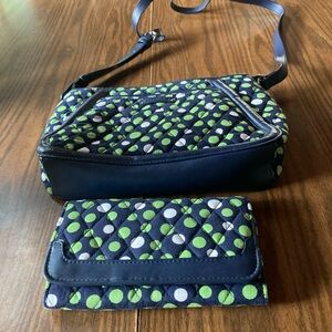 Vera Bradley adjustable Crossbody with matching wallet, navy blue green white